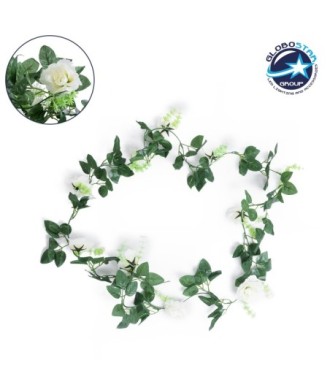 GloboStar® 78131 Τεχνητό Κρεμαστό Φυτό Διακοσμητική Γιρλάντα Λουλουδιών με 10 Λευκά Τριαντάφυλλα & Πράσινο Φύλλωμα Μ12 x Π12 x Υ220cm